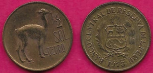 PERU 1/2 SOL DE ORO 1973 WITH PAREJA,LLAMA (VICUNA)FACING RIGHT,LARGE COAT OF AR - Picture 1 of 1