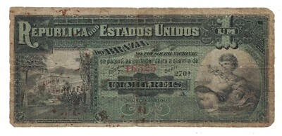 1890-1892 BRAZIL $1 UM MIL REIS THESOURO NACIONAL 7TH PRINT RARE. - Image 1 of 2