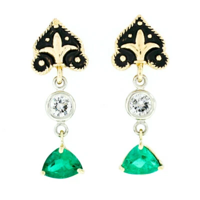Vintage 14k Gold 1.28ctw Trillion Emerald & Diamond Fleur De Lis Enamel Earrings - Image 1 of 4