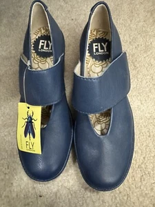 Fly London Women's Mary Jane Shoe YAN Strap Wedges NWT Mousse Blue Leather 36 - Picture 1 of 12