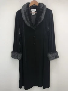 Vintage Ronni Nicole size 1X Women’s Black Velvet Faux Fur Trim Button Up Duster - Picture 1 of 9