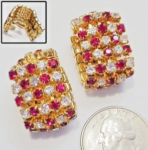 Gorgeous Vintage Alternating Red/White Prong Set Rhinestone Huggie Clip Earrings - Picture 1 of 3