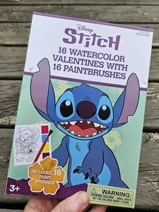 NEW Disney Stitch 16 Watercolor Valentines w/ Paintbrushes 2 Card Designs - Picture 1 of 4