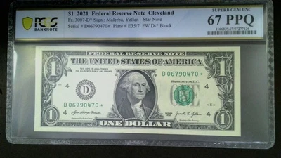 2021 $1 Star Note Uncirculated Sequential Cleveland GEM UNC 67 PPQ D06790470* - Image 1 of 2