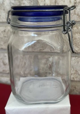 Cobalt Lid Bormioli Rocco Fido Jar Glass Canister Mason 1L Made in Italy - Image 1 of 4