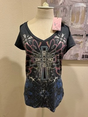 Camiseta Y2k Ángeles y Diamantes Cristal Adornado Cruz Cuello en V Malla XL NUEVA Foto 1 de 4