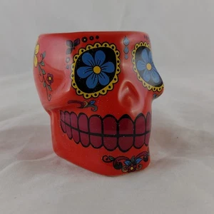 💀Day Of The Dead Sugar Skull Orange Ceramic Shot Glass. Dia De Los Muertos - Picture 1 of 8