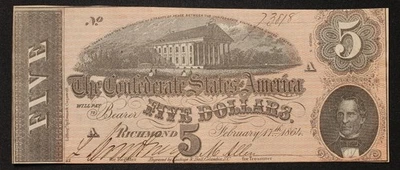 1864 Confederate States Of America $5 Richmond item#P21136 - Image 1 of 2