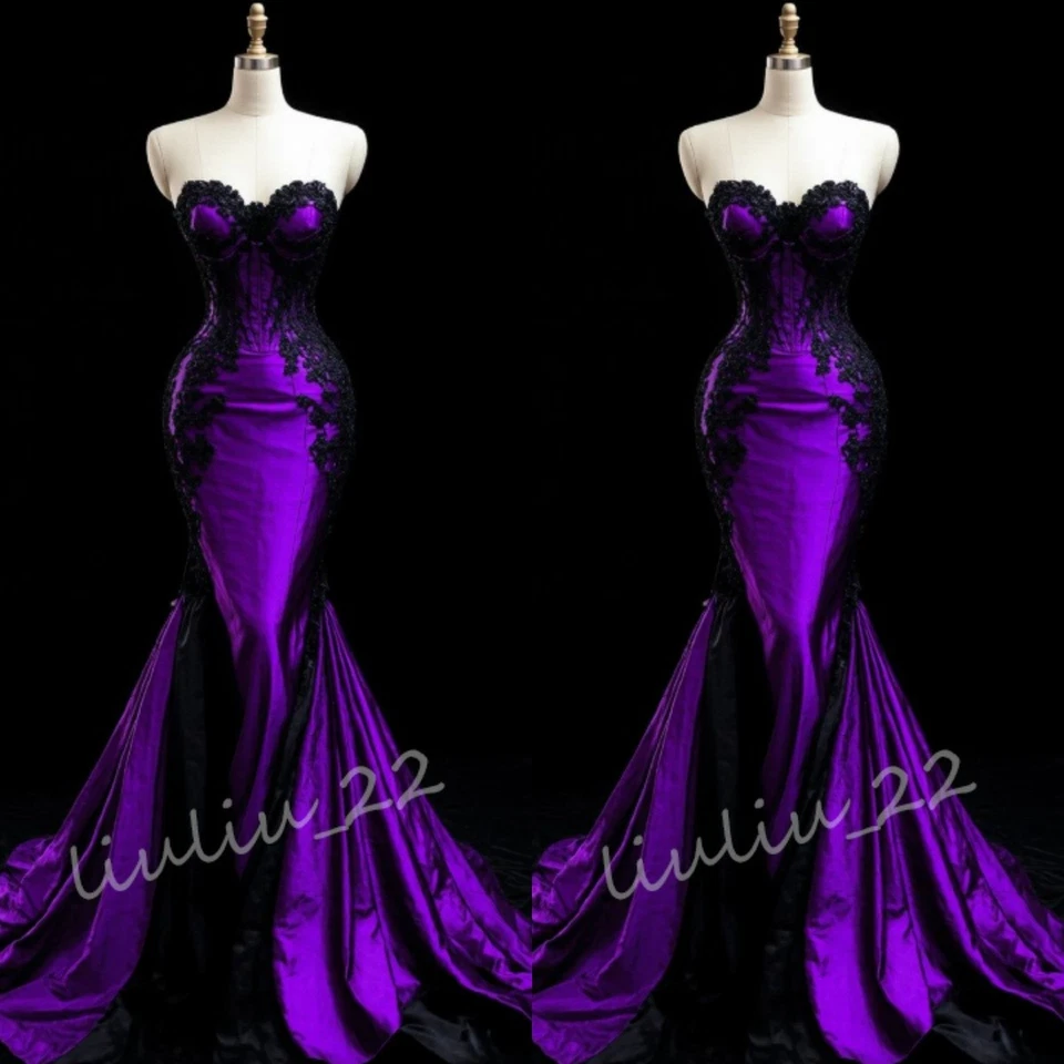 Vestidos de noiva sereia cetim roxo escuro trem varredura apliques de renda vestidos de noiva - Imagem 1 de 4