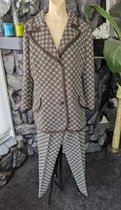 Vtg 60s 70s ACT III Dacron Poly 2 pc Pant Suit Brown/White Plaid Wide Collar M/L - Picture 1 of 20