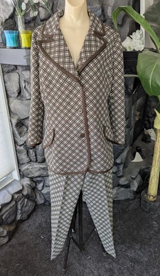 Vtg 60s 70s ACT III Dacron Poly 2 pc Pant Suit Brown/White Plaid Wide Collar M/L - Image 1 of 4