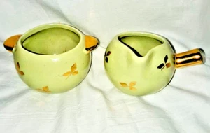 Vintage Le Pere Mint Green Creamer & Sugar Gold Leaf 3.5” MCM - Picture 1 of 5