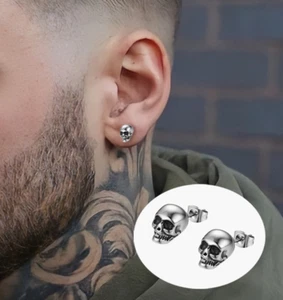 Men Women Silver Skeleton Skull Head Stud Punk Earrings Surgical Steel Jewellery - Picture 1 of 10