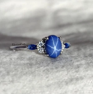 Blue Lindy Star Sapphire Ring 6x8mm Star Sapphire Ring 925 Sterling Silver - Picture 1 of 8