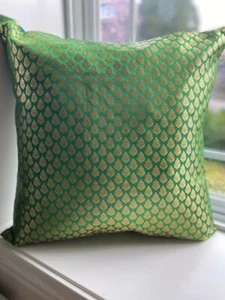 Pillow Cover Green Case Silk Brocade 18"cover for 20 inch Pillow Gold Decor Gift - Picture 1 of 6