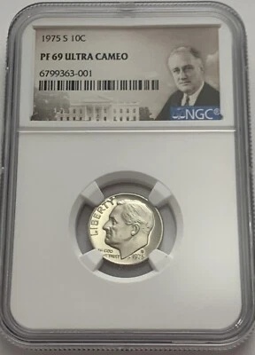1975 S NGC PF69 Ultra Cameo Proof Roosevelt Dime 10c Portrait Label - Image 1 of 3
