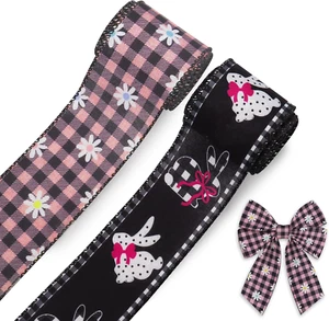 2 Rolls 10 Yards Easter Bunny Wired Edge Ribbon, 2.5Inch Black Pink Buffalo Plai - Picture 1 of 5