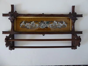 VICTORIAN WALNUT WALL TOWEL RACK with FRAMED EMBROIDERY / TAPESTRY - CIRCA 1890 - Picture 1 of 7