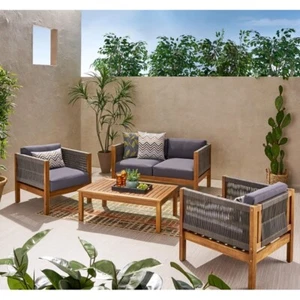 Outdoor 4 Seater Acacia Wood Chat Set with Loveseat & Coffee Table & Club Chair - Picture 1 of 16