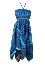 Womens Boho Beach Dress, Halter Dresses, Printed Blue Recycled Silk Dress, S/M