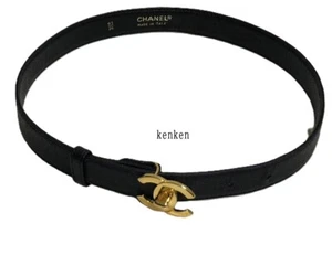 CHANEL BELT AUTH Coco chain CC Gold Vintage Turn Lock Black Leather kenkenjp F/S - Picture 1 of 20