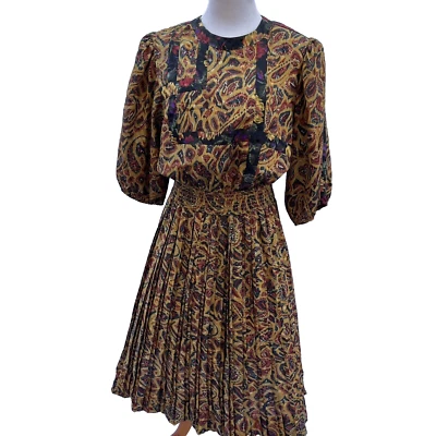 Vtg 80s Susan Freis Multicolor Pleated Dress Abstract Floral L Cottage Core USA - Image 1 of 4