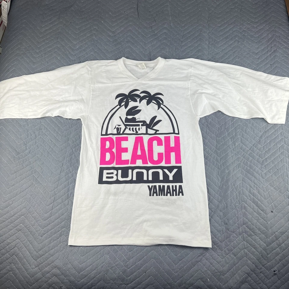 Vintage Yamaha Shirt Mens Medium White Beach Bunny Rabbit  3/4 Sleeves Rare 90s - Image 1 of 4