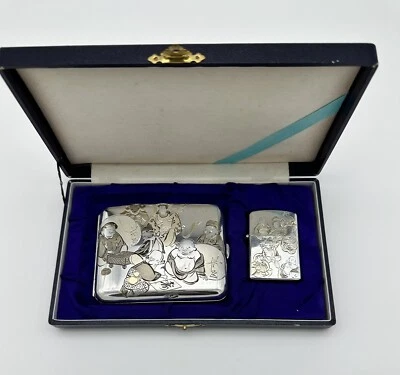 Estuche y encendedor vintage japonés de plata 950 en estuche ajustado. Firmado Foto 1 de 4