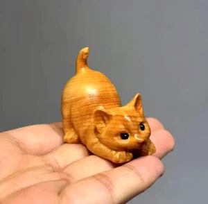 Handmade Cute Lazy Cat Wood Carving Desktop Home Decor Artwork Fashion Gift - Picture 1 of 5