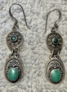 925 Marked BOMA Signed Earrings Dangle Malachite Stone 1.5” Drop Sterling Silver - Picture 1 of 10