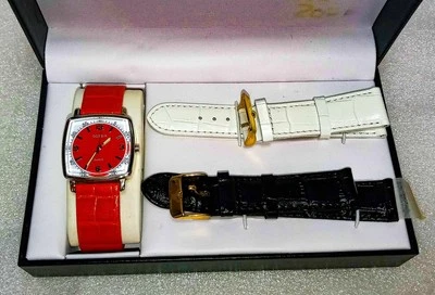 Juego de relojes de cuarzo NOS Gossip cara cuadrada roja con 2 correas de cuero intercambiables  Foto 1 de 4