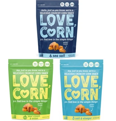 LOVE CORN Crunchy Corn Snacks Salt & Vinegar, Sour Cream & Onion Variety 3 Pack - Image 1 of 4