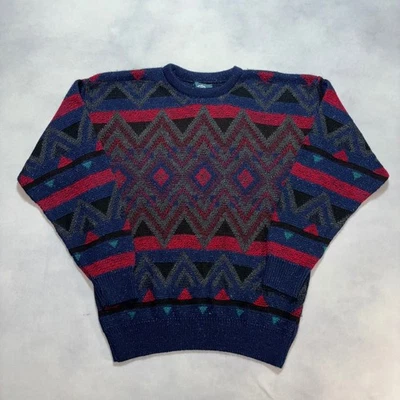 Suéter Vintage Años 90 Geométrico Cuello Redondo Para Hombre Grande Azul Rojo Retro Abuelo Foto 1 de 4