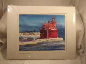 LOU McMURRAY WATERCOLOR PRINT SIGNED LIGHTHOUSE STURGEON BAY PIER LIGHT, WI - Picture 1 of 2