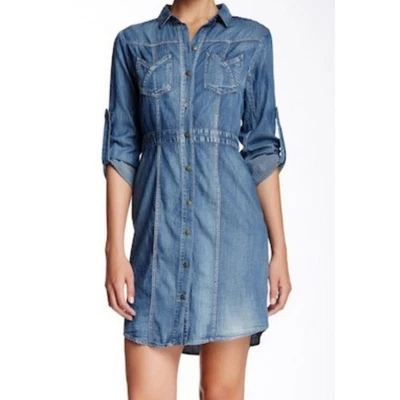 Vestido Camisa ECI Feminino Azul Denim Tamanho 6 Manga Longa Botão Frente Cinto Western - Imagem 1 de 4