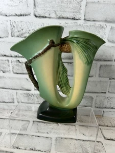 Roseville Pine Cone Green 1953 Vintage Art Pottery Ceramic Double Bud Vase 473-8 - Picture 1 of 15