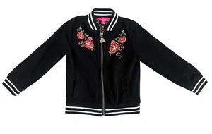 Betsey Johnson Girls Floral Embroidered Bomber Jacket Black Size 5 Needs Repair - Picture 1 of 13
