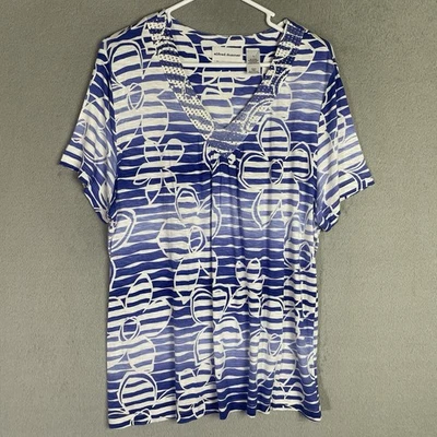 Alfred Dunner Top Womens Size L Blue Floral Beaded Short Sleeve Shirt Casual - Image 1 of 4