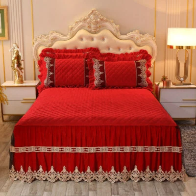 Luxury Lace Embrodery Velvet Quilted Bedspread King Pillow Shams 3pcs Sheet Soft - Image 1 of 4