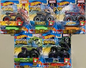 hot wheels Monster Trucks Marvel Heroes Lot Of 5 Thanos Spider Man Iron Man Hulk