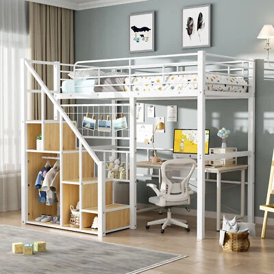 Twin Size Metal Loft Bed Frame with Storage Staircase and Small Wardrobe White - Image 1 of 4
