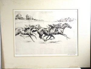 NAT LOWELL AMERIKANISCHER KÜNSTLER, "HEIMSTRETCH" GRAVUR, PFERDERENNEN, GUTER ZUSTAND - Bild 1 von 7
