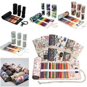 12/24/36/48/72Holes Canvas Roll Up Pen Curtain Pencil Bag Case Makeup Wrap Hold - Picture 1 of 25