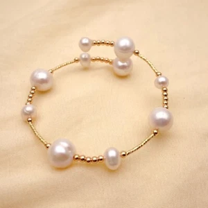 Freshwater Cultured White Potato Pearl Gold Plated Beads Bangle Bracelet - Picture 1 of 6