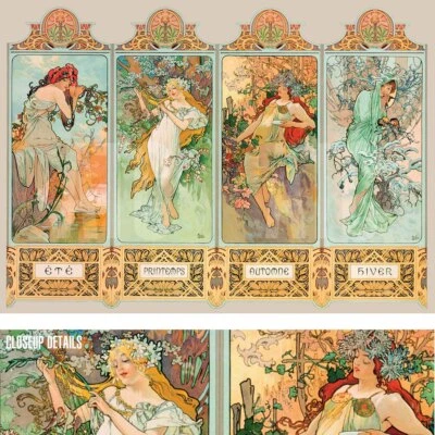 45W"x32H" THE 4 SEASONS by ALPHONSE MUCHA - SECTIONAL MURAL - CHOICES of CANVAS - Image 1 of 4