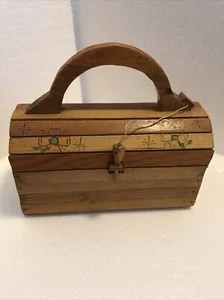 Vintage Holz Holz Lamelle Handtasche Handtasche, Holzgriff und Verschluss, gefüttert, Volkskunst - Bild 1 von 9
