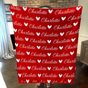 Personalized Name & Hearts Name Throw Blanket | 30x40 | 50x60 | 60x80 | Fleece - Picture 1 of 13
