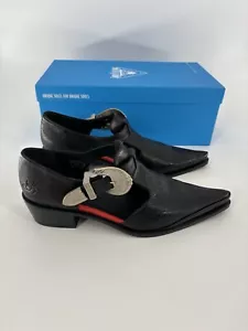 John Fluevog Shoes Womens 9.5 Black Wrappings Articulate Buckled T Strap Pointed - Picture 1 of 15