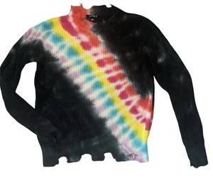 Flowers By Zoe Girls Distressed Black Rainbow Tie Dye Ripped Edges Sweater S(7) - Picture 1 of 4