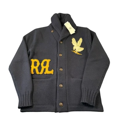 RRL Ralph Lauren Blue Heavy Wool Eagle Spellout Men’s Cardigan Size XS NWT - Image 1 of 4